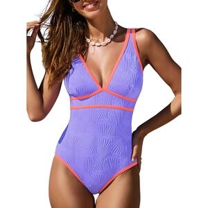 NWT Popvil Purple Textured Tummy Control One Piece Swimsuit Neon Trim XL